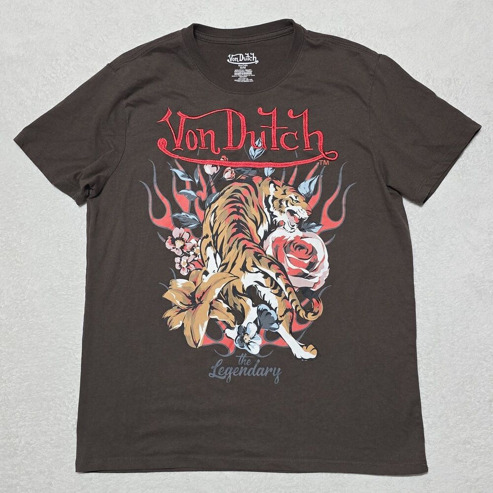 Von Dutch Sz Medium Graphic T Shirt Tiger Rose The Legendary Embroidered Letters